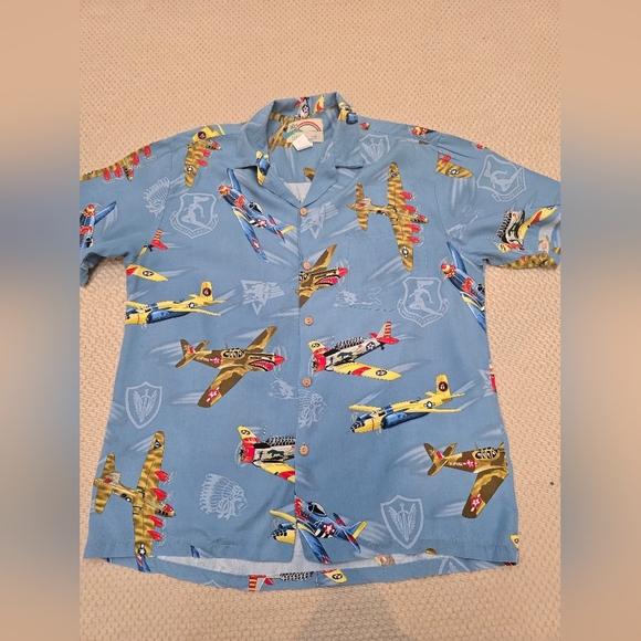 Paradise Found Hawaiian Shirt Men's L  Blue With U.S. Warplanes Beautiful Piece! - Picture 6 of 10